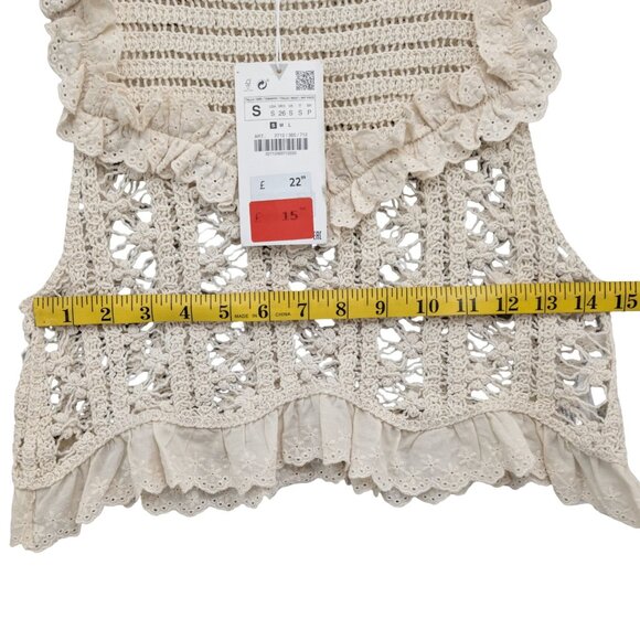Zara Crochet Tank Top Womens Ecru Beige Cotton Ruffle Detail Sleeveless Size S - Picture 8 of 8